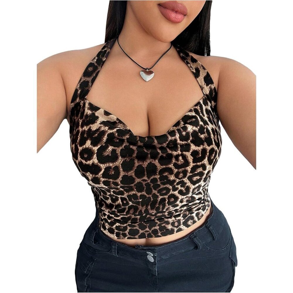 Women's Plus Size Leopard Print Crop Top Halter Sleeveless Cowl Neck